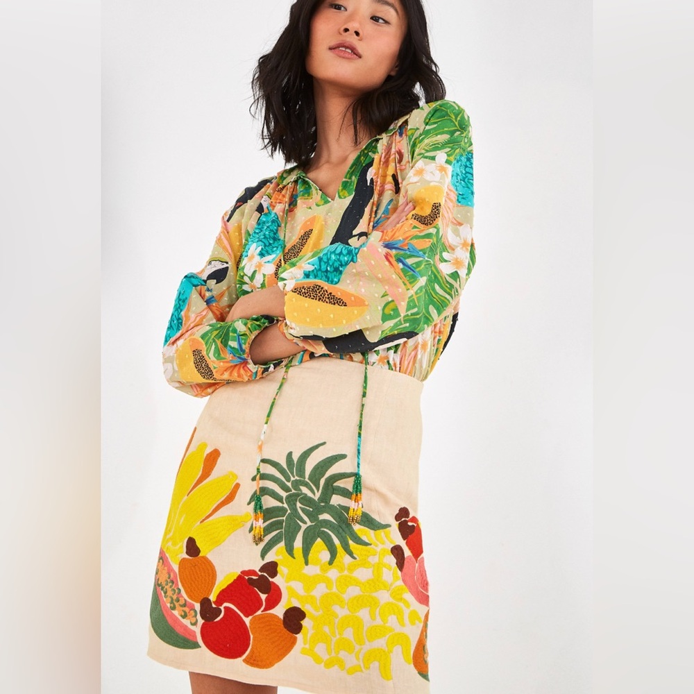 Farm Rio Fruit Embroidered Linen Skirt small NWT